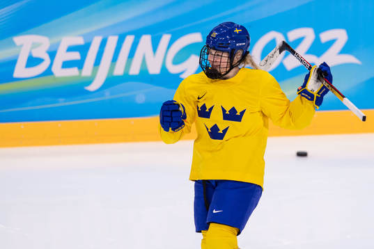 Lina Ljungblom of Sweden women's ice hockey team celebrates