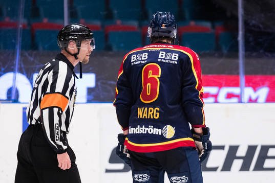 Domare Andreas Harnebring talar med Djurgårdens Stefan Warg