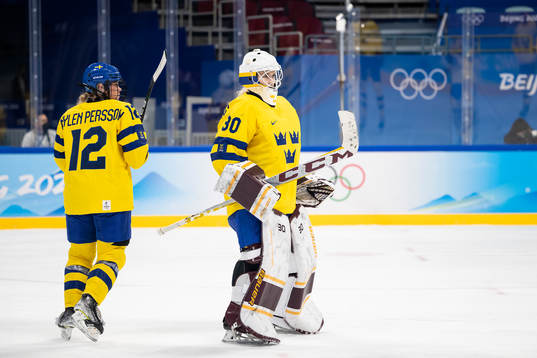 Maja Nylen-Persson and Goaltender Emma Söderberg of Sweden