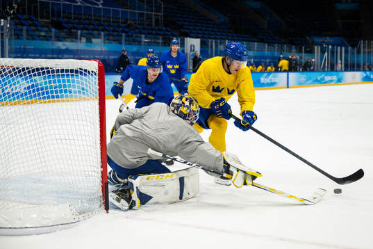 Goaltender Lars Johansson and Gustav Rydahl of the Swedish