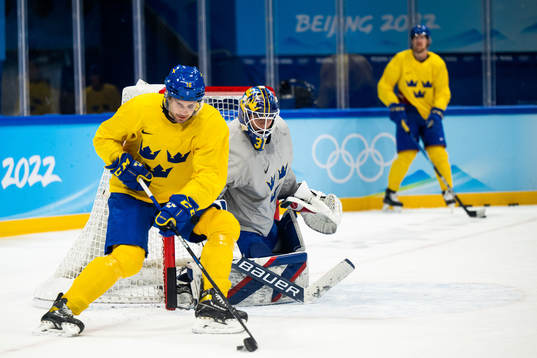 Marcus Krüger and goaltender Lars Johansson of the Swedish