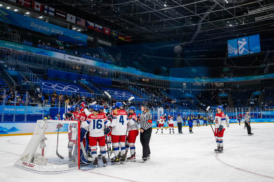 goaltender Klara Peslarova of Czech Republic celebrates