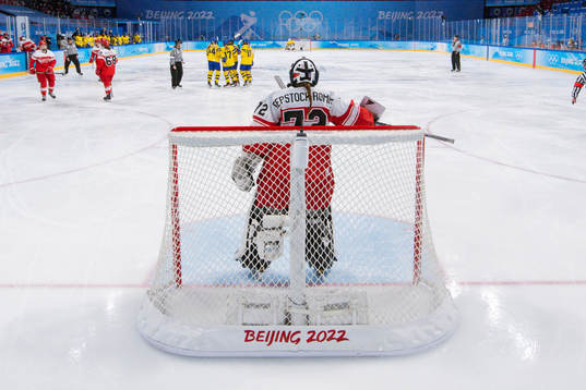 goaltender Cassandra Repstock-Romme of Denmark looks