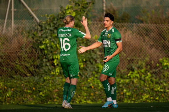 Gustav Ludwigson and Jusef Erabi of Hammarby celebrate the