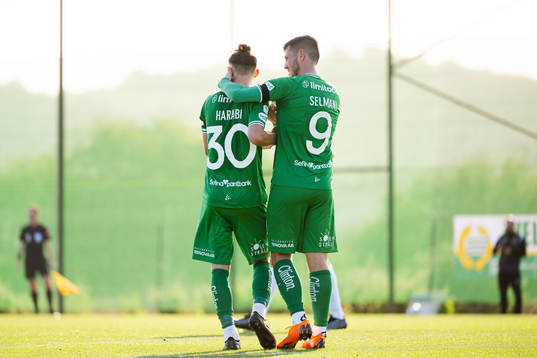 Aziz Harabi and Astrit Selmani Hammarbys celebrate the 3-0