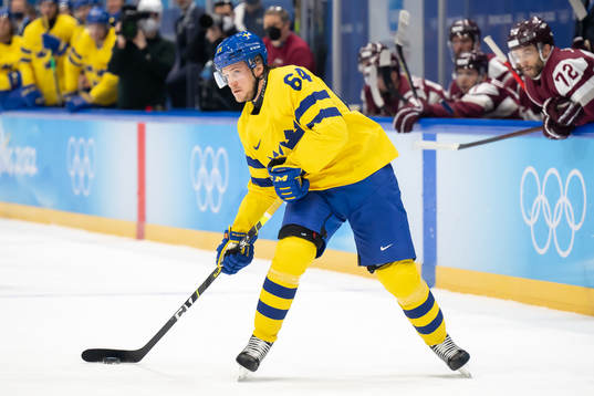Jonathan Pudas of Sweden in an ice hockey preliminary round