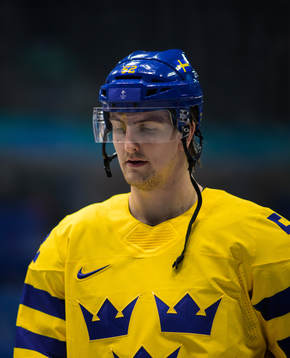 Philip Holm of Sweden at warm-up in an ice hockey