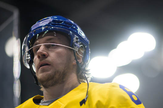 Jonathan Pudas of Sweden at warm-up in an ice hockey