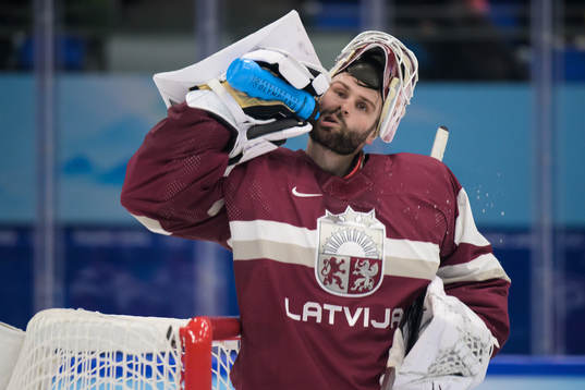 Goaltender Ivars Punnenovs of Latvia in an ice hockey