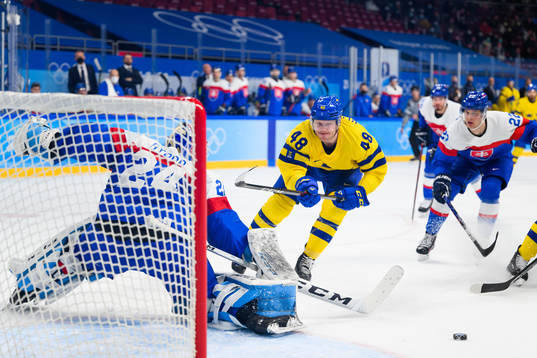 Goaltender Patrik Rybar of Slovakia and Carl Klingberg of