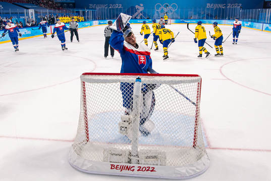 goaltender Matej Tomek of Slovakia looks dejected