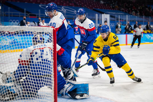 Jonathan Pudas of Sweden in an ice hockey preliminary round