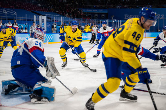 Dennis Everberg of Sweden in an ice hockey preliminary