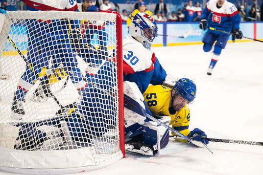 Goaltender Matej Tomek of Slovakia and Anton Lander of