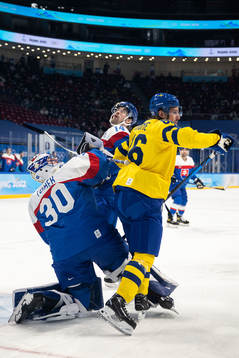 Goaltender Matej Tomek and Peter Ceresnak of Slovakia