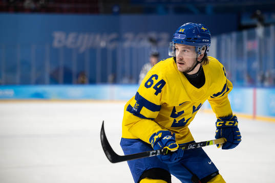 Jonathan Pudas of Sweden in an ice hockey preliminary round