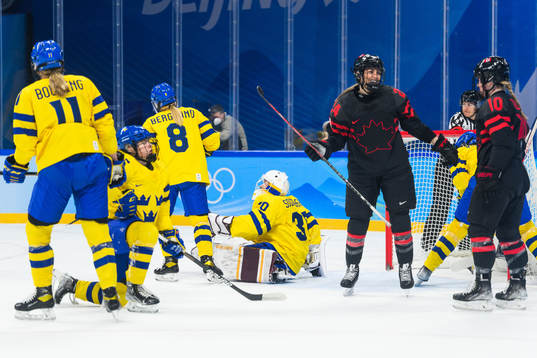Goaltender Emma Söderberg of Sweden looks dejected in an