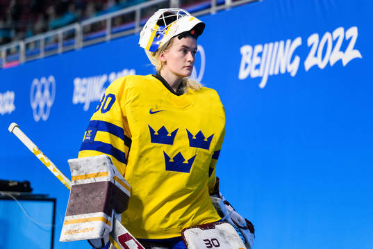 Goaltender Emma Söderberg of Sweden looks dejected in an