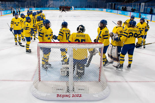 Goaltender Ida Boman of Sweden with teammate