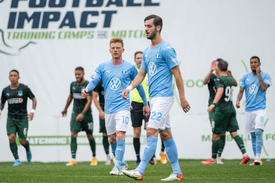 Anders Christiansen and Adi Nalic of Malmö FF look dejected
