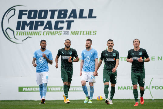 Sergio Pena and Lasse Nielsen of Malmö FF look dejected as