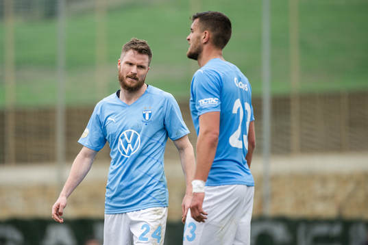 Lasse Nielsen and Matej Chalus of Malmö FF look dejected