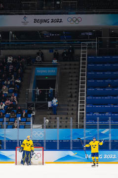 goaltender Magnus Hellberg and Lucas Wallmark of Sweden