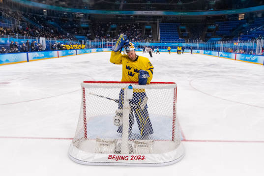 goaltender Magnus Hellberg of Sweden in an ice hockey