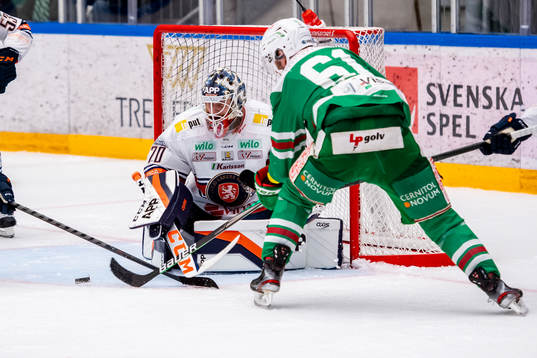 Växjös målvakt Adam Åhman och Rögles Ludvig Larsson