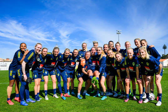 Players of Sweden pose for a group birthday photo