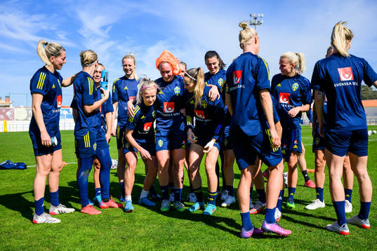 Players of Sweden pose for a group birthday photo