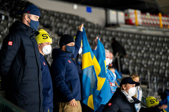 The Swedish snowboard team in the stands