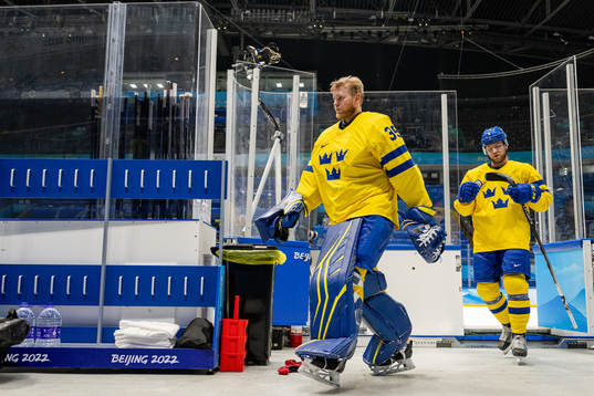Goaltender Magnus Hellberg and Christian Folin of Sweden