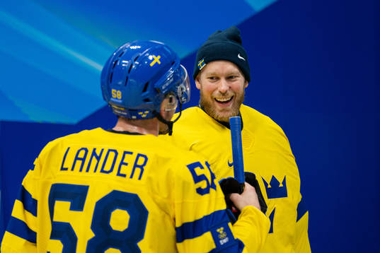 Goaltender Magnus Hellberg of Sweden celebrates
