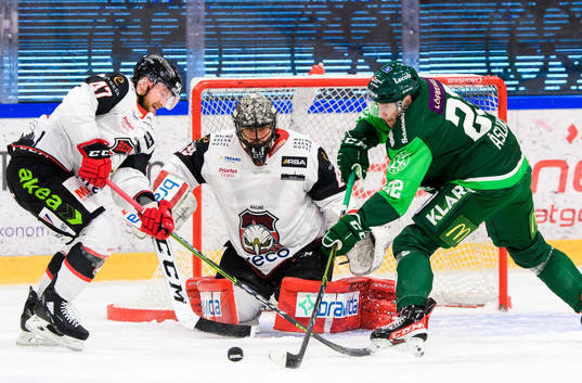 Malmö Redhawks Joakim Ryan och målvakt Oscar Alsenfelt