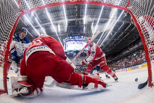 Leksands Carter Ashton och Timrås målvakt Jacob Johansson