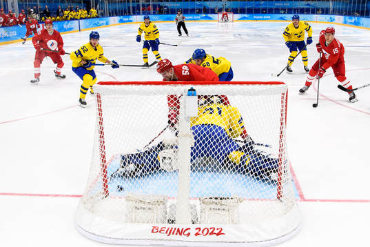 Anton Slepyshev of Russia scores 1-0 behind goaltender Lars
