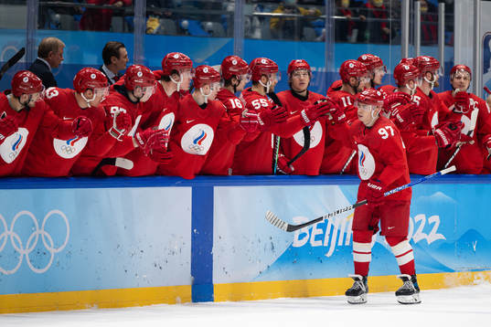 Nikita Gusev of Russia celebrates in the men’s ice hockey