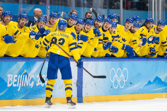 Lucas Wallmark of Sweden celebrates in the men’s ice