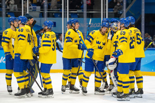 Mathias Bromé and goaltender Lars Johansson of Sweden look