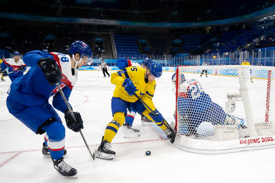 Gustav Rydahl of Sweden in front of goaltender Patrik Rybar