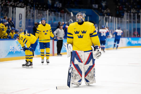 goaltender Lars Johansson of Sweden looks dejected