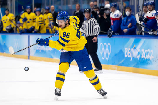 Mathias Bromé of Sweden in the men's ice hockey bronze