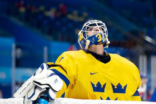 goaltender Lars Johansson of Sweden looks dejected