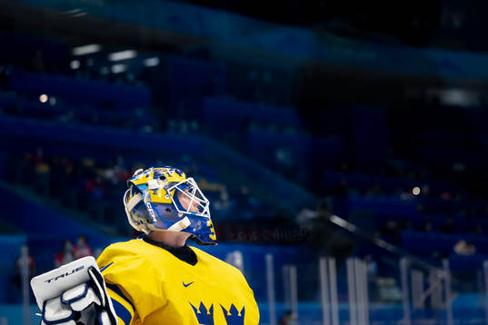 Goaltender Lars Johansson of Sweden looks dejected