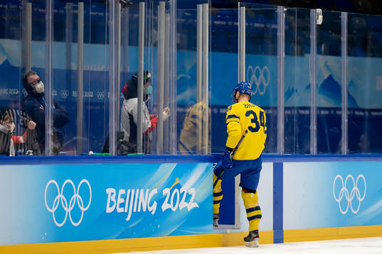 Daniel Brodin of Sweden steps into the penalty box in the