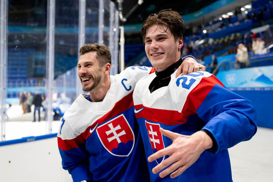 Marel Hrivik and Juraj Slafkovsky of Slovakia celebrates