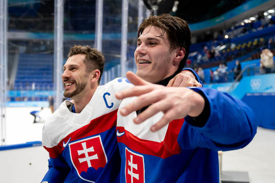 Marel Hrivik and Juraj Slafkovsky of Slovakia celebrates