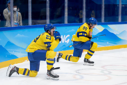 Lucas Wallmark and Jacob de la Rose of Sweden look dejected