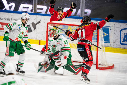 Luleås Konstantin Komarek och Linus Fröberg jublar